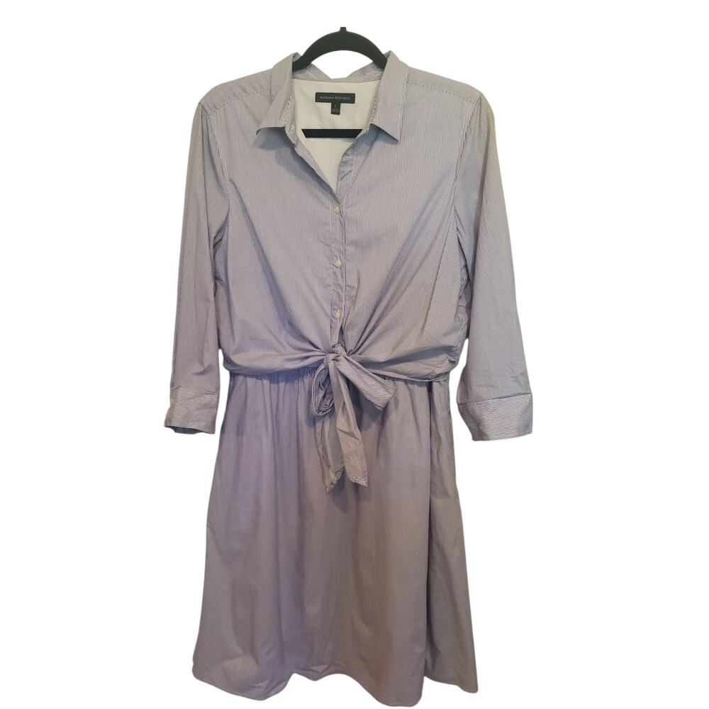 Banana Republic Waist Tie Wend Shirt Dress Blue White Pin Stripes Large